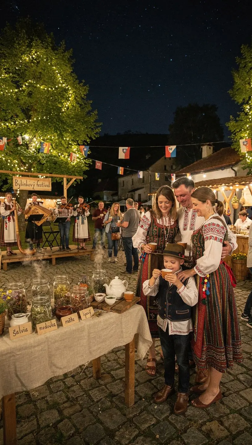Ručne vyrábané balenie bylinkového čaju s etiketou zobrazujúcou slovenské krajinky.