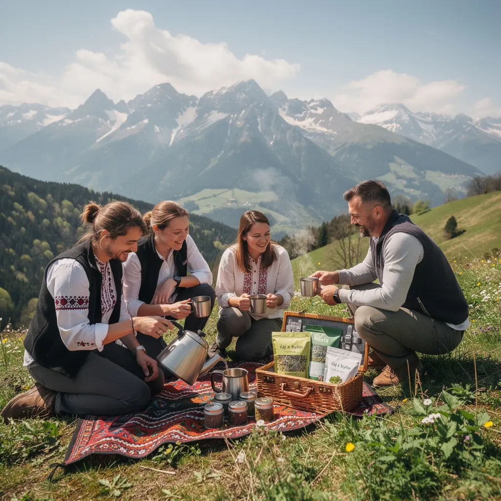 Skupina priateľov, ktorí si vychutnávajú slovenský bylinkový čaj na terase.